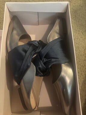 BCBGeneration Metallic Silver Pointed Flats with Navy Bow Accent